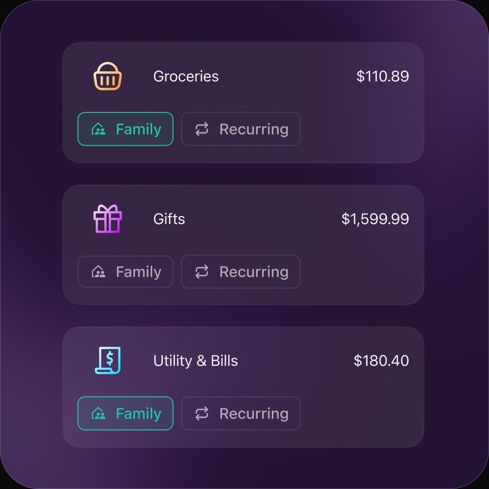 Groceries, Gifts, and Utility & Bills transactions tagged Family and Recurring