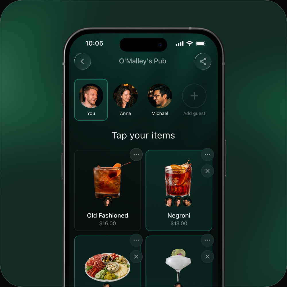 Splitting a bill among friends in the Finerd app